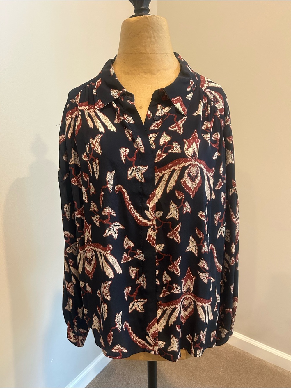 ba&sh Navy Button-Front Floral Print Blouse